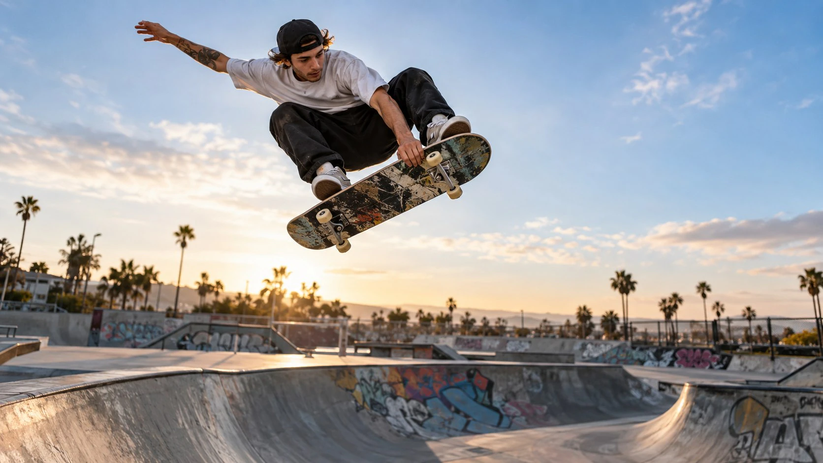 Skater en el aire al atardecer